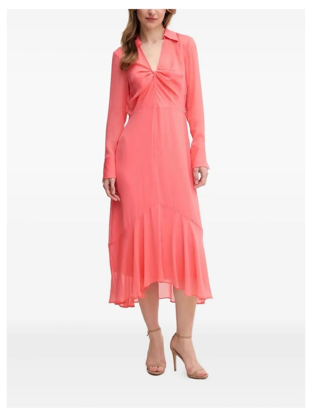 DKNY Coral Pink Long Sleeve Twist-Front Midi Dress